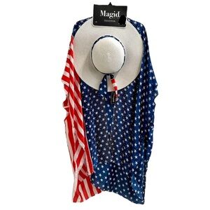 🦋MAGID Rhinestone Embellished Silky Kimono W/ Sun Hat
 PATRIOTIC AMERICAN FLAG